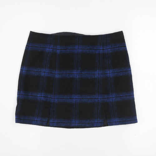 New Look Women’s Black Blue Plaid Wool Blend Mini Skirt Size 10