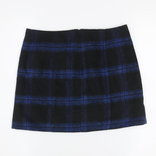 New Look Women’s Black Blue Plaid Wool Blend Mini Skirt Size 10