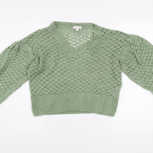 Topshop Women’s Green Open Knit V-Neck Puff Sleeve Jumper Size S