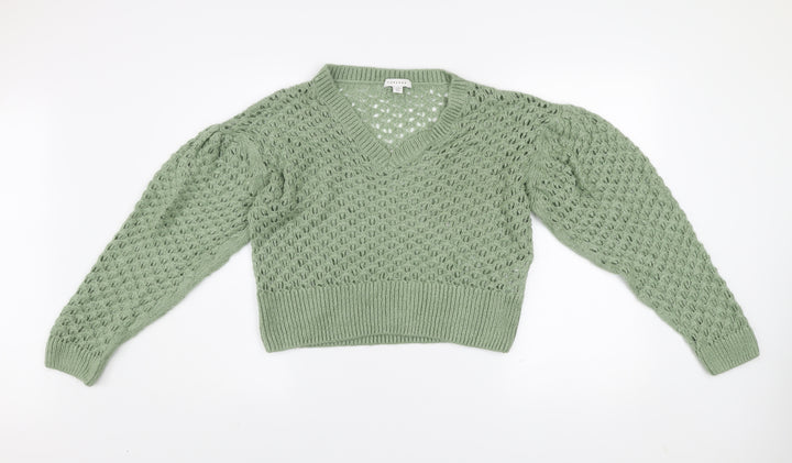 Topshop Women’s Green Open Knit V-Neck Puff Sleeve Jumper Size S