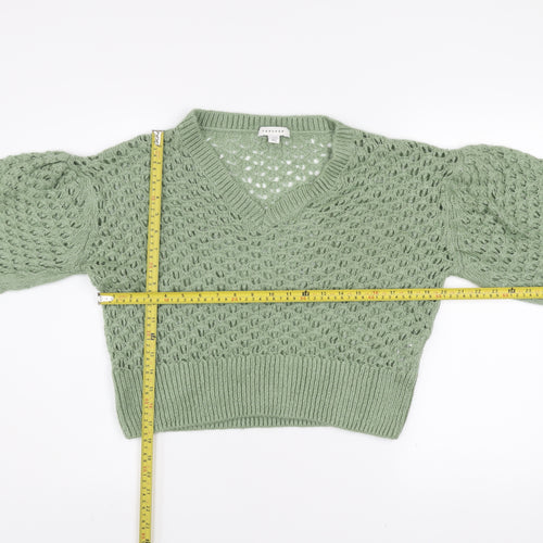 Topshop Women’s Green Open Knit V-Neck Puff Sleeve Jumper Size S