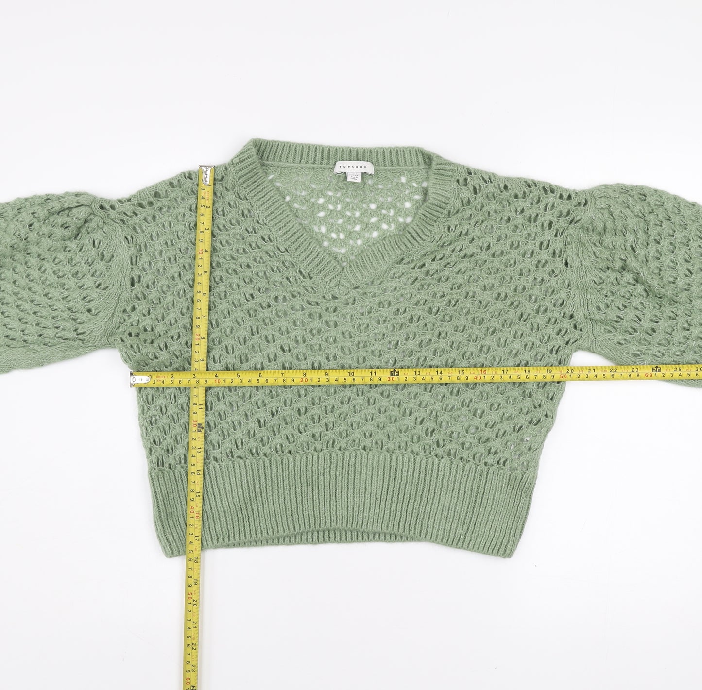 Topshop Women’s Green Open Knit V-Neck Puff Sleeve Jumper Size S