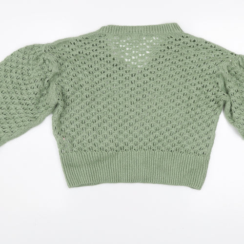 Topshop Women’s Green Open Knit V-Neck Puff Sleeve Jumper Size S