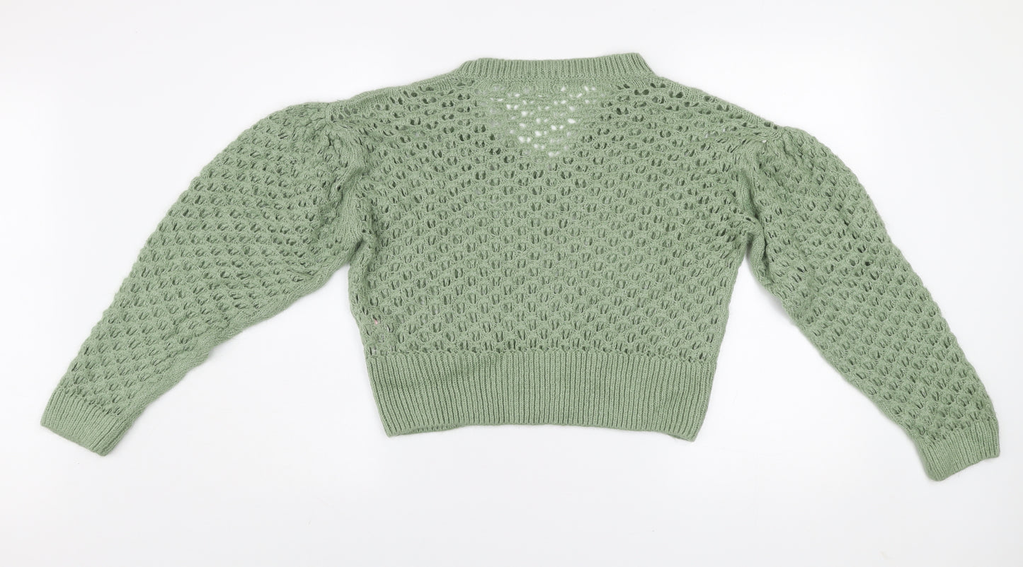 Topshop Women’s Green Open Knit V-Neck Puff Sleeve Jumper Size S