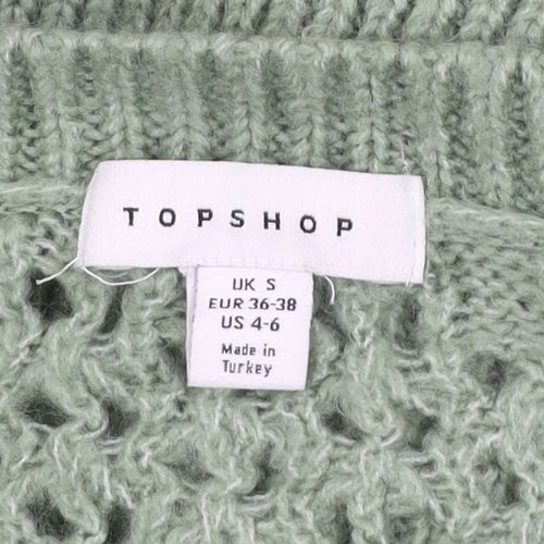 Topshop Women’s Green Open Knit V-Neck Puff Sleeve Jumper Size S