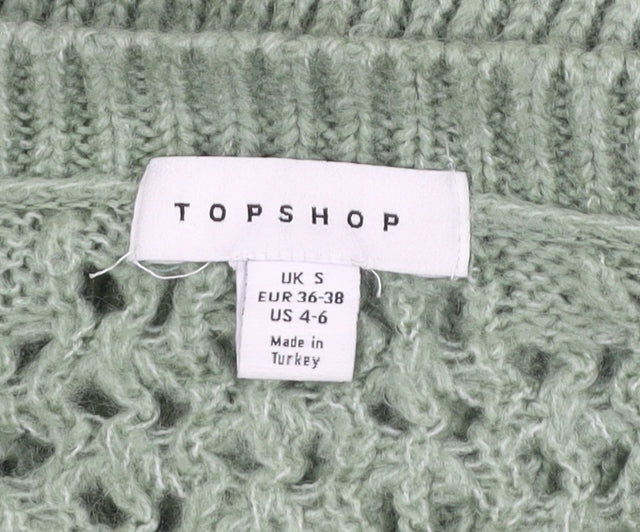 Topshop Women’s Green Open Knit V-Neck Puff Sleeve Jumper Size S