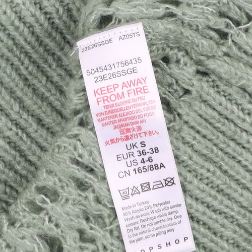 Topshop Women’s Green Open Knit V-Neck Puff Sleeve Jumper Size S
