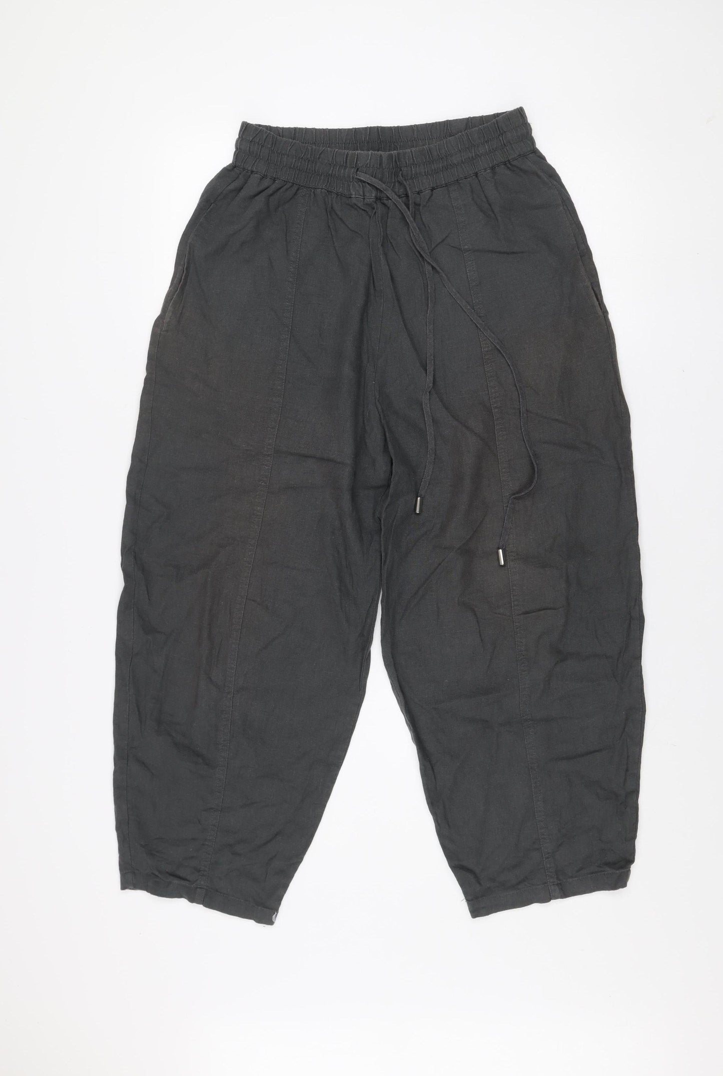 ZARA Women Black Linen Blend Cropped Trousers Size S
