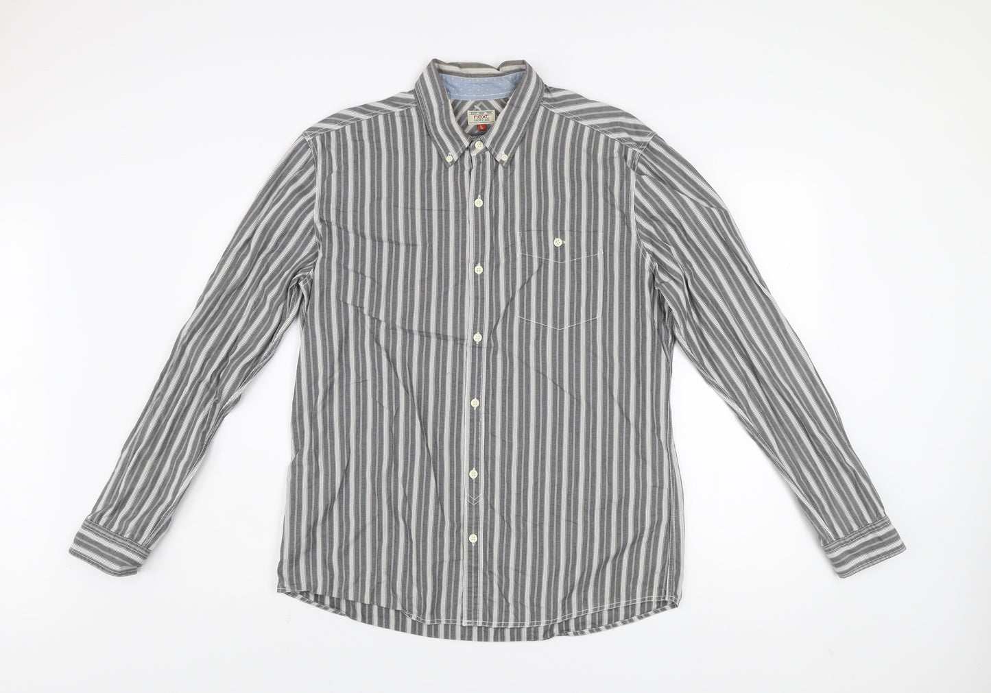 Next Men's Grey Striped Cotton Button-Down Long Sleeve Shirt Size L