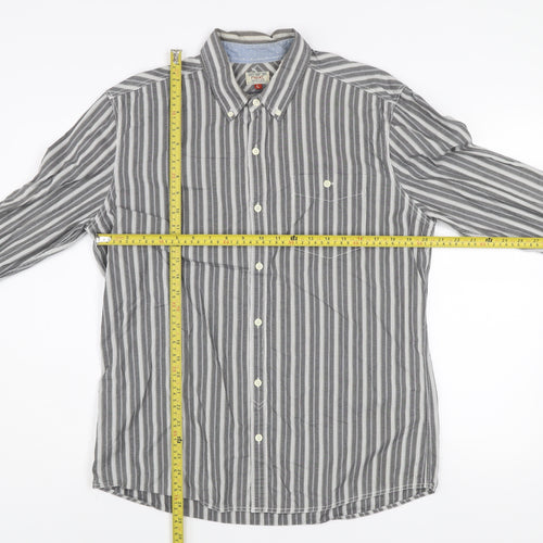 Next Men's Grey Striped Cotton Button-Down Long Sleeve Shirt Size L