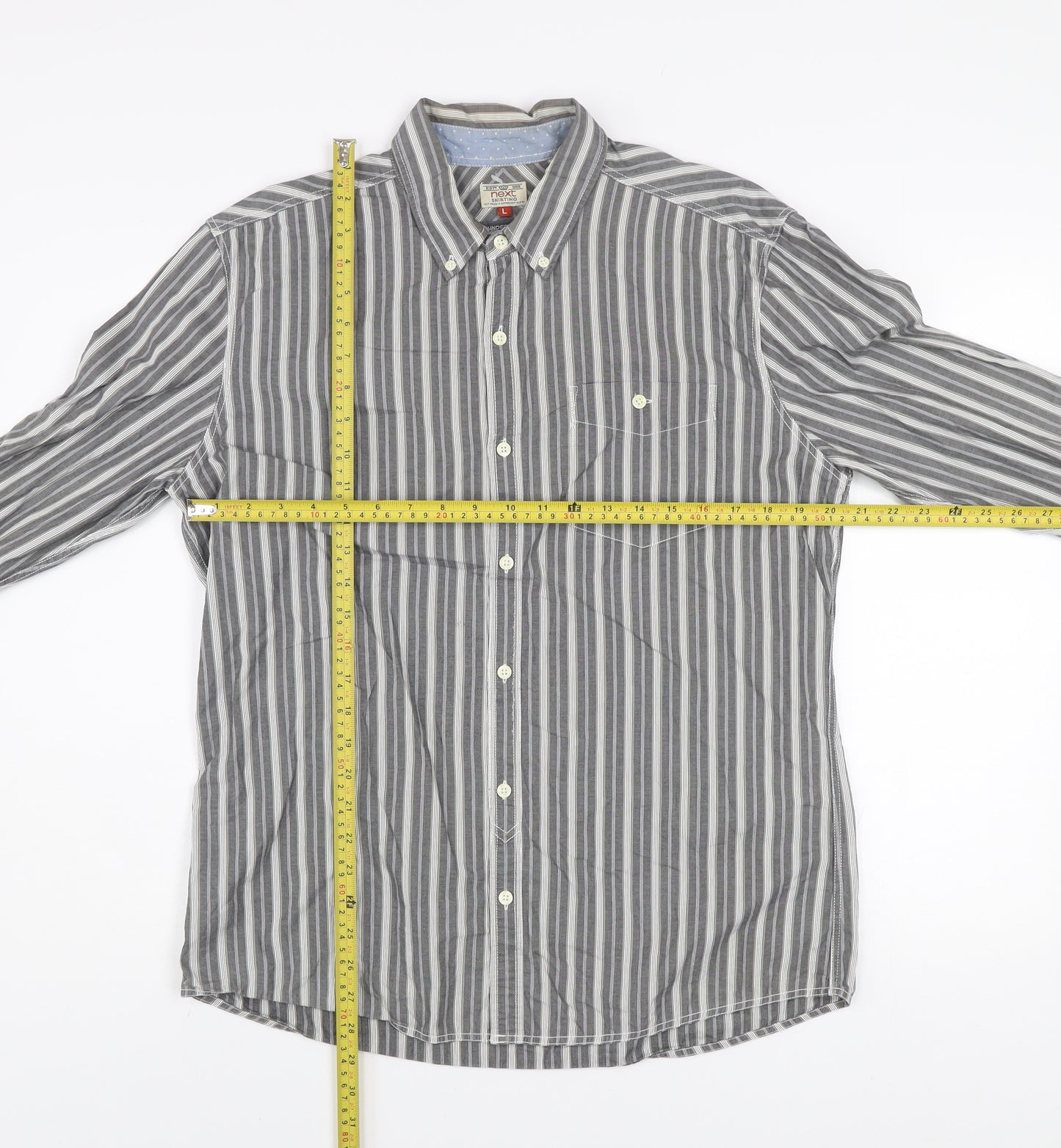 Next Men's Grey Striped Cotton Button-Down Long Sleeve Shirt Size L