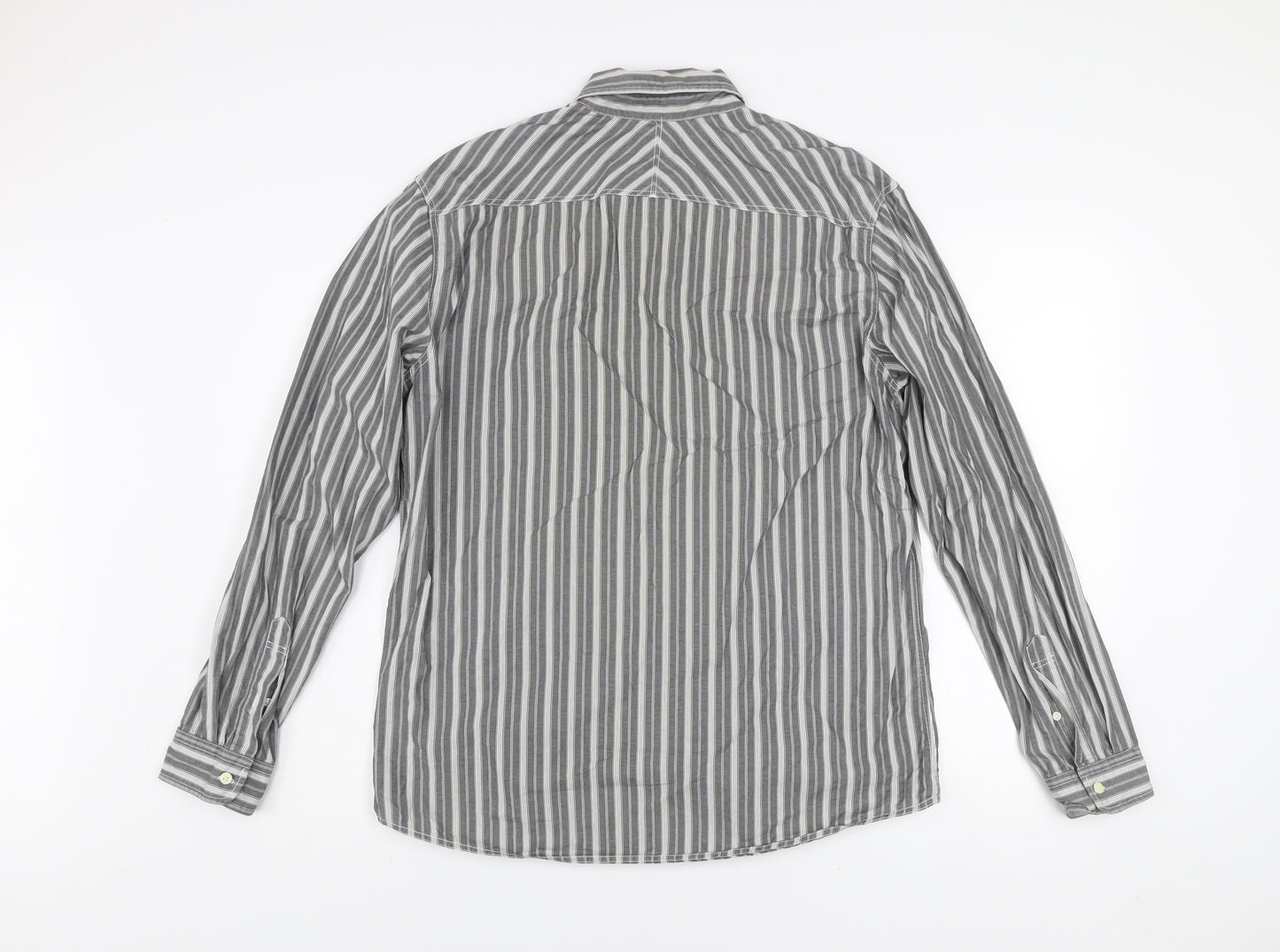 Next Men's Grey Striped Cotton Button-Down Long Sleeve Shirt Size L
