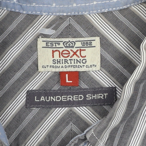 Next Men's Grey Striped Cotton Button-Down Long Sleeve Shirt Size L
