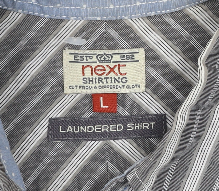 Next Men's Grey Striped Cotton Button-Down Long Sleeve Shirt Size L