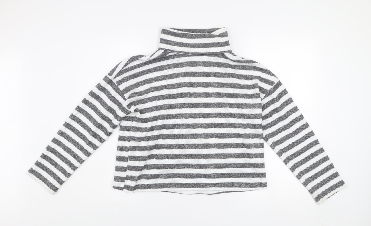 New Look Women’s Grey White Striped Roll Neck Pullover Jumper M