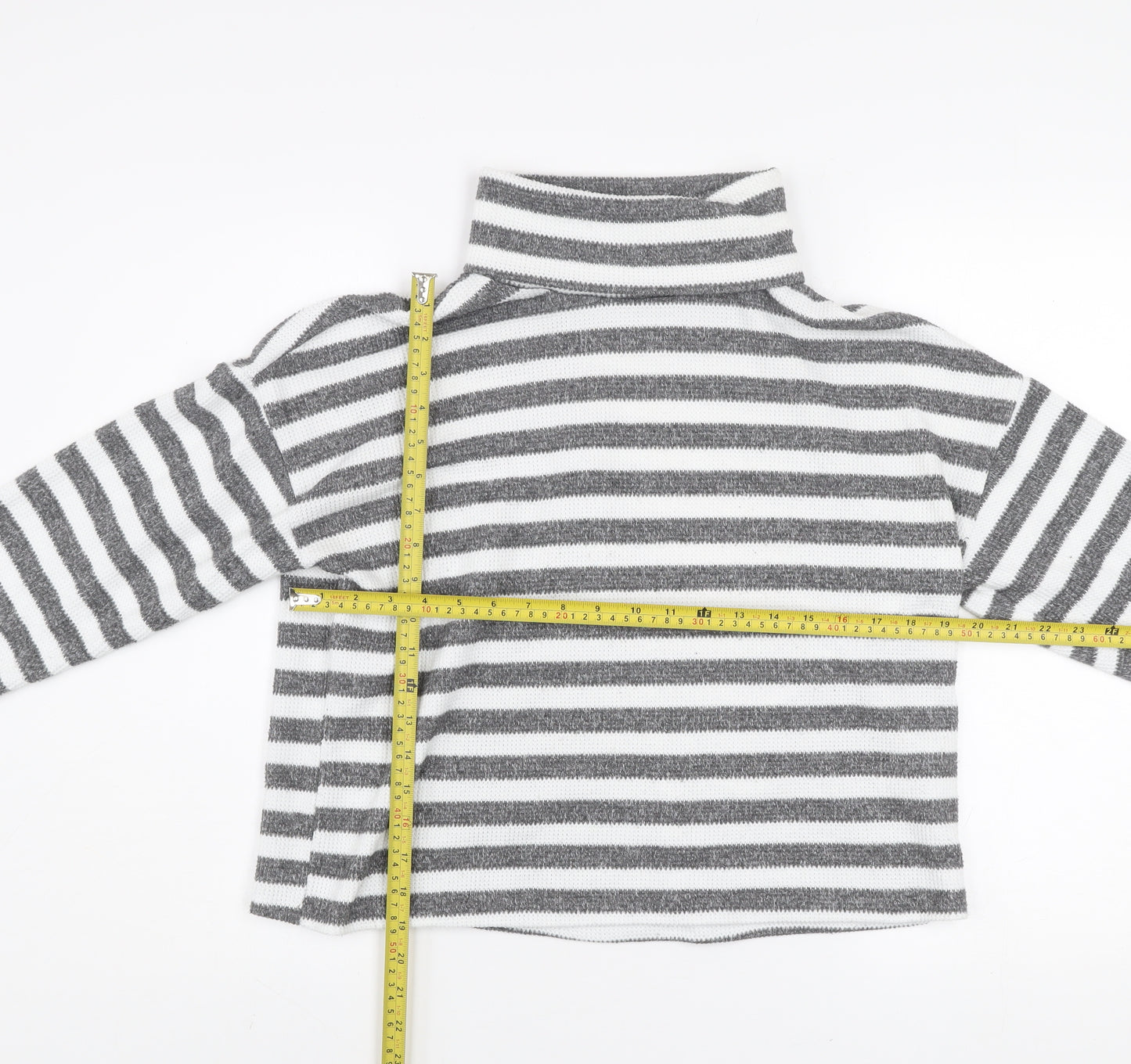 New Look Women’s Grey White Striped Roll Neck Pullover Jumper M