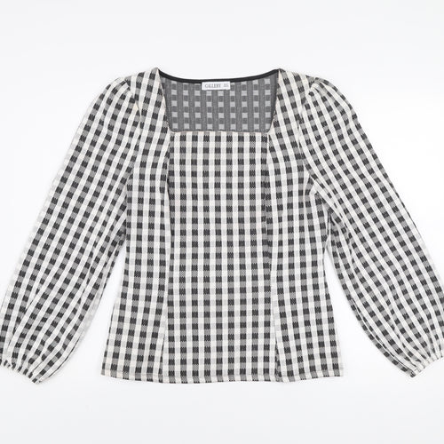 Gallery Women’s Black Check Long Sleeve Square Neck Tunic Blouse UK 12