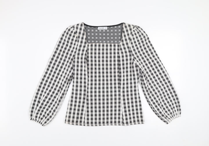 Gallery Women’s Black Check Long Sleeve Square Neck Tunic Blouse UK 12