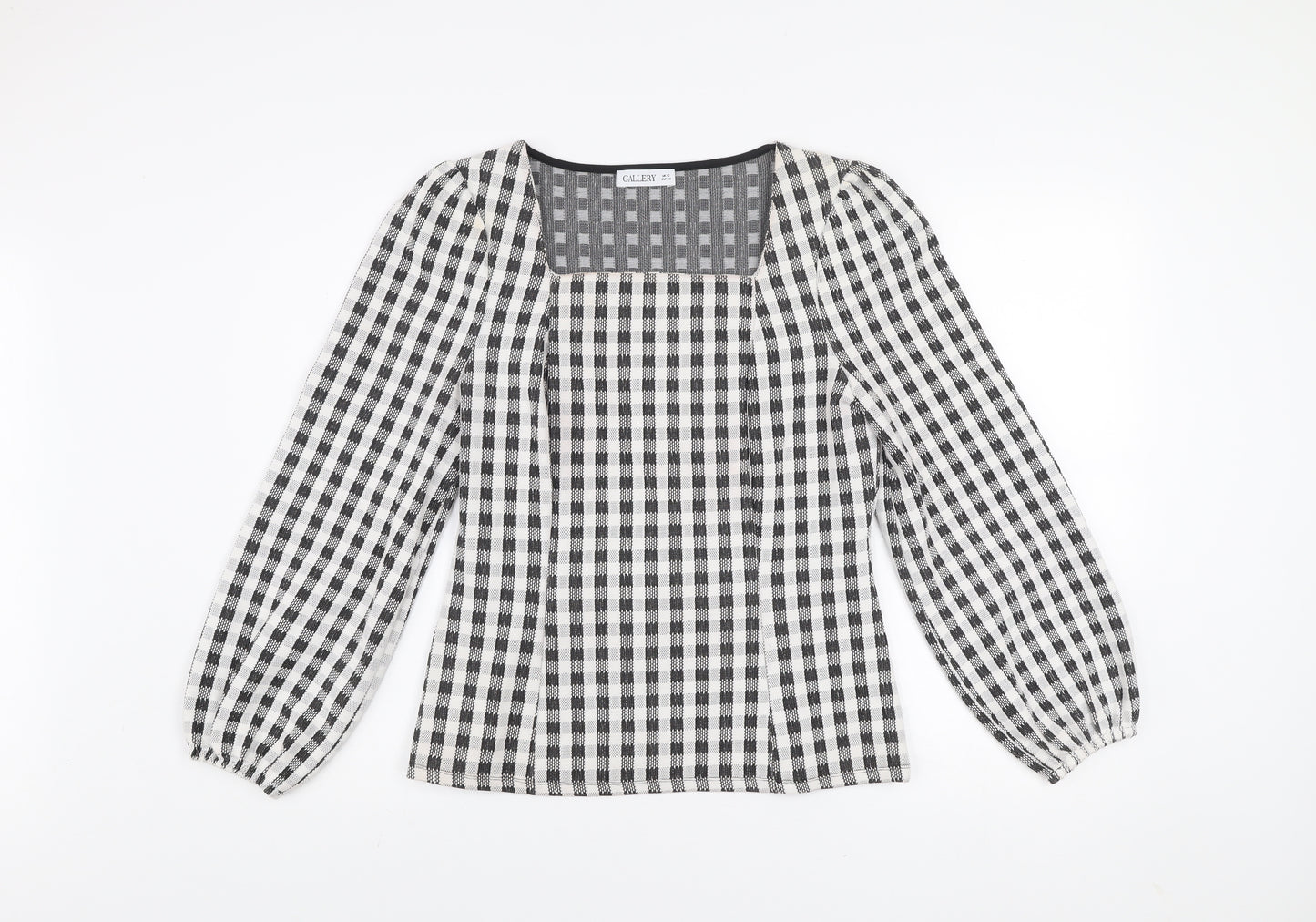 Gallery Women’s Black Check Long Sleeve Square Neck Tunic Blouse UK 12