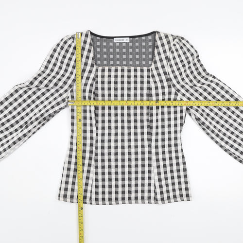 Gallery Women’s Black Check Long Sleeve Square Neck Tunic Blouse UK 12