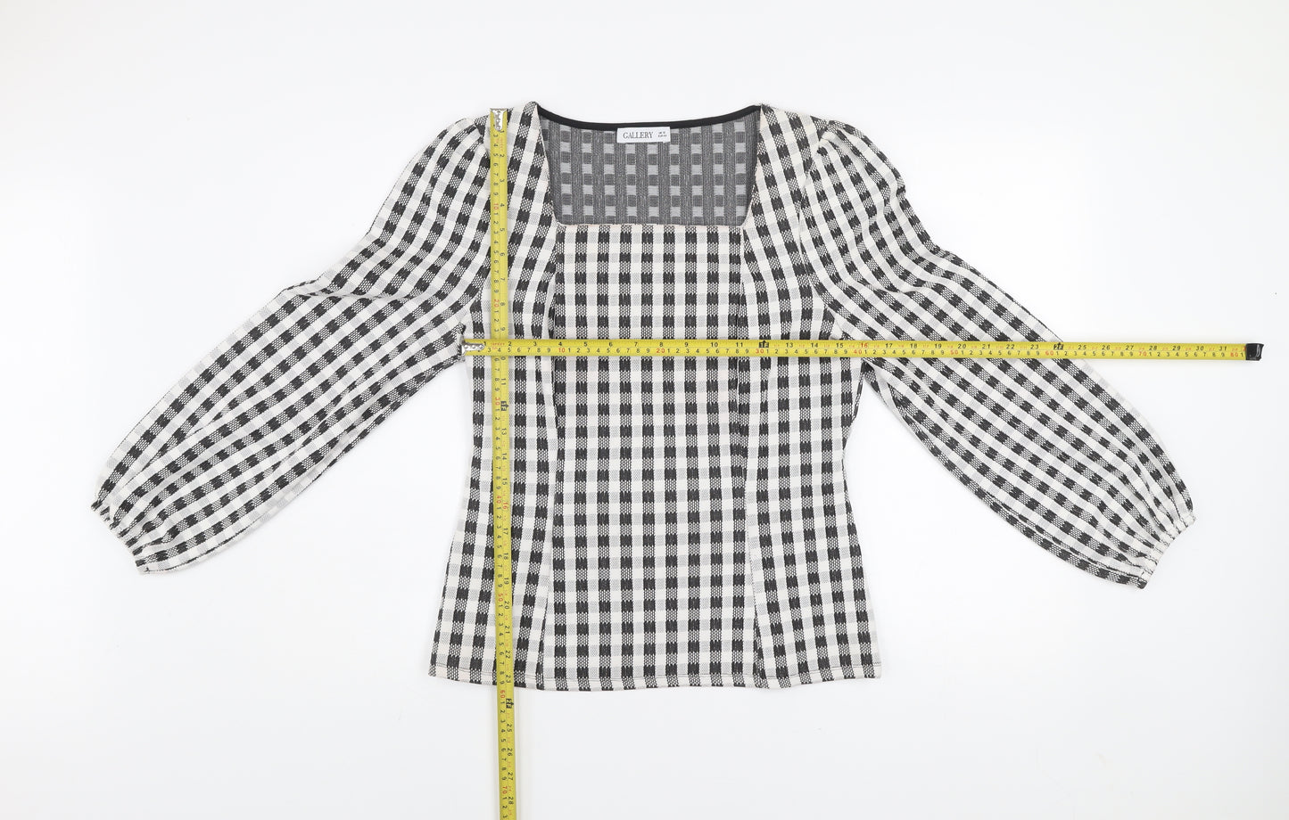 Gallery Women’s Black Check Long Sleeve Square Neck Tunic Blouse UK 12