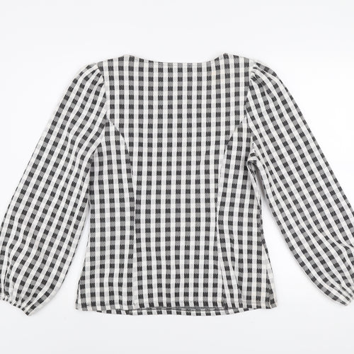 Gallery Women’s Black Check Long Sleeve Square Neck Tunic Blouse UK 12