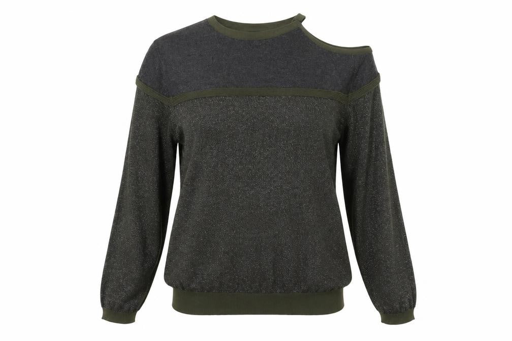 Front view of Next women’s green glitter cold shoulder knit top, size UK 12