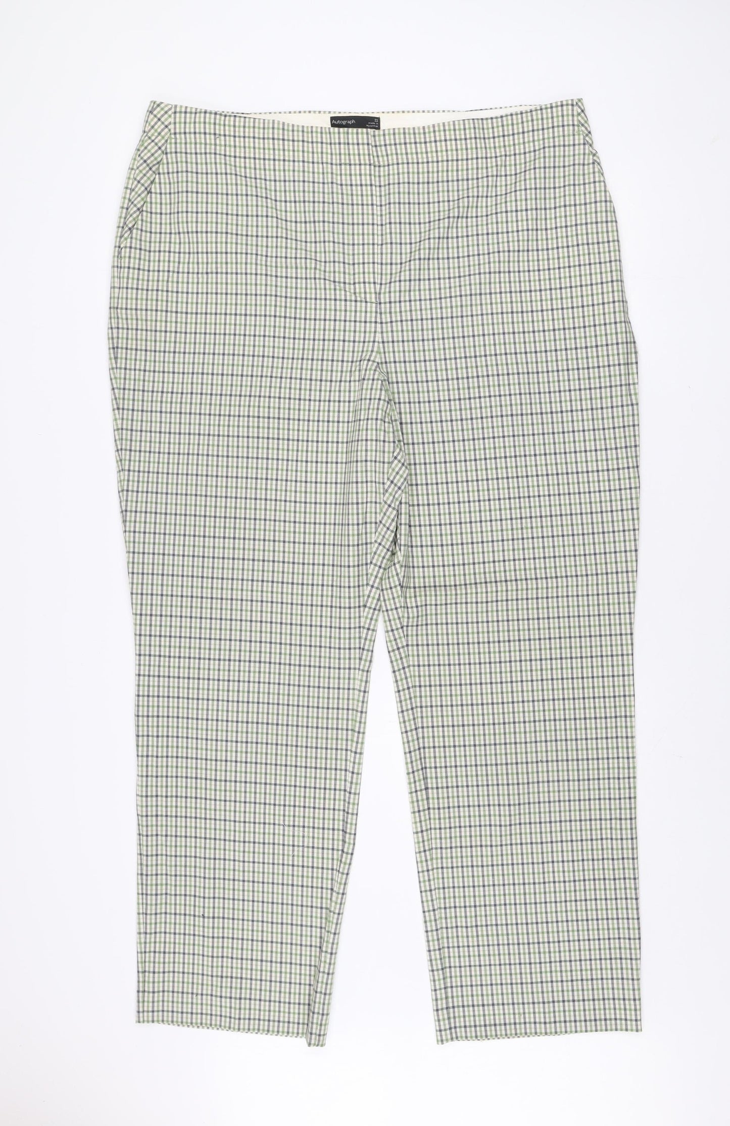 Marks and Spencer Autograph Women's Green Checked Wool Blend Straight Trousers Size 22