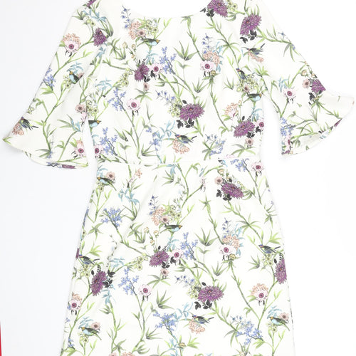 Oasis Women White Floral Shift Dress Size 10 Knee Length 3/4 Sleeve