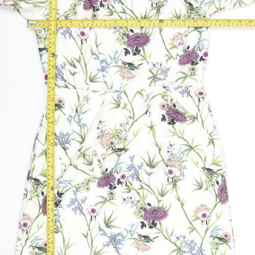 Oasis Women White Floral Shift Dress Size 10 Knee Length 3/4 Sleeve