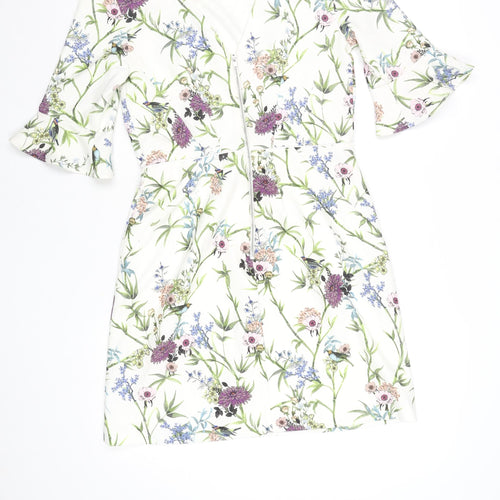 Oasis Women White Floral Shift Dress Size 10 Knee Length 3/4 Sleeve