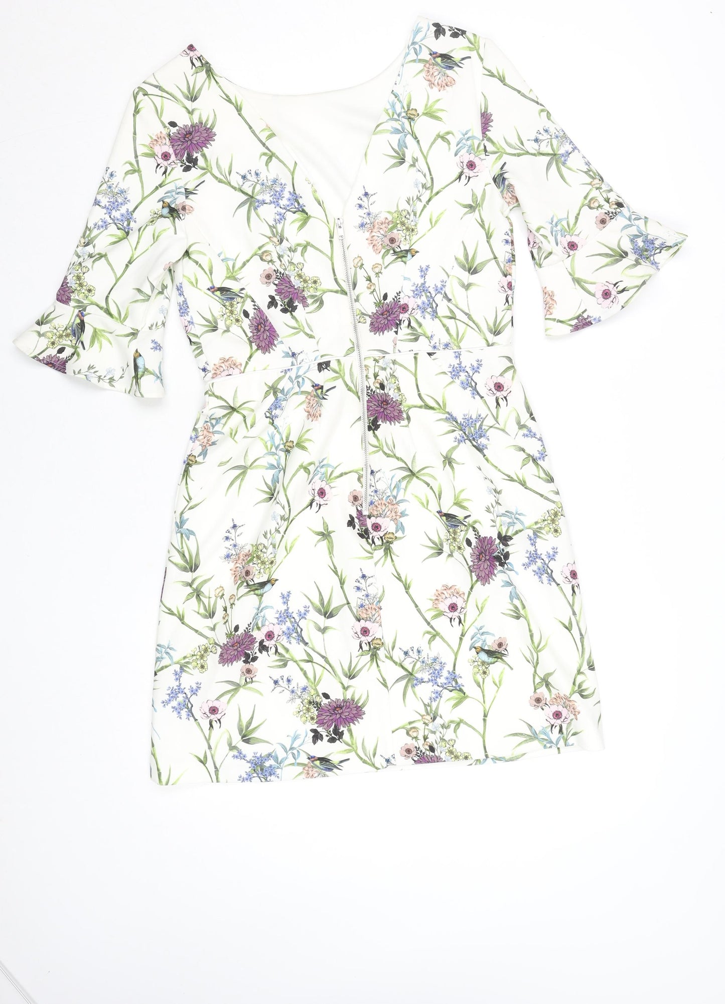 Oasis Women White Floral Shift Dress Size 10 Knee Length 3/4 Sleeve