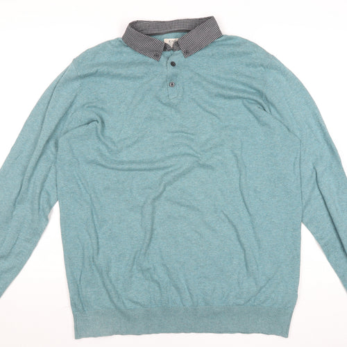 ACW85 Men's Blue Collared Henley Jumper Size L Cotton Knitwear