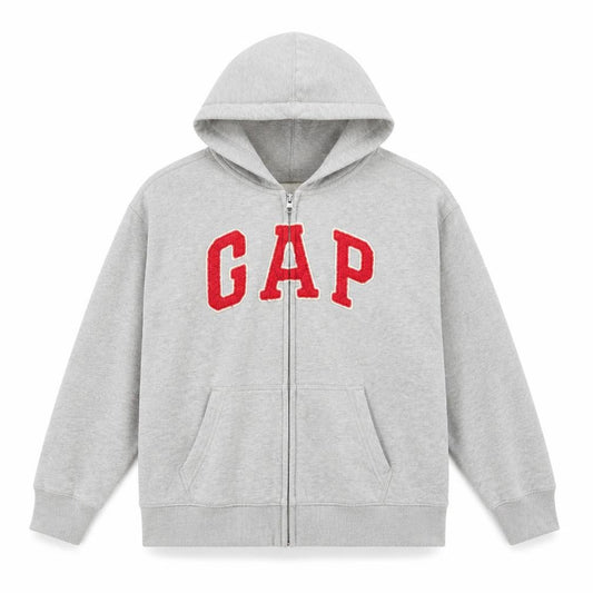 Front view of Gap Kids boys’ grey full zip hooded fleece jacket, size 13, years