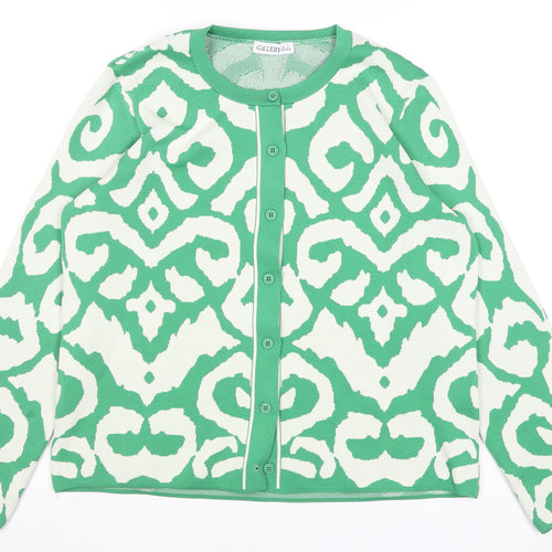 Gallery Women Green White Cardigan Medium Polyester Patterned Knit