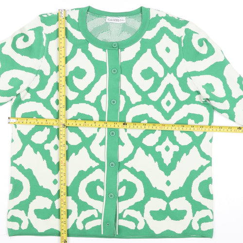 Gallery Women Green White Cardigan Medium Polyester Patterned Knit
