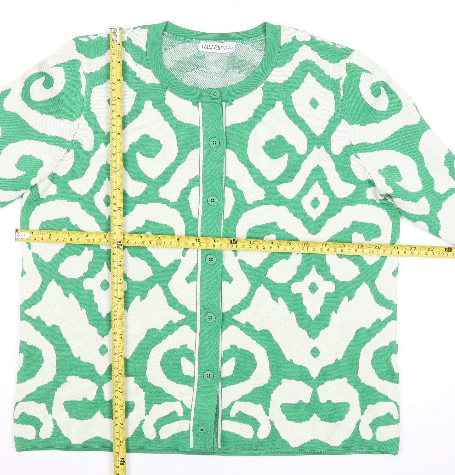 Gallery Women Green White Cardigan Medium Polyester Patterned Knit