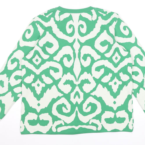 Gallery Women Green White Cardigan Medium Polyester Patterned Knit