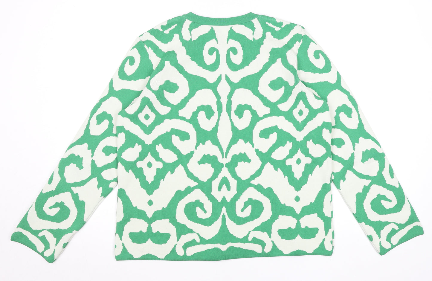 Gallery Women Green White Cardigan Medium Polyester Patterned Knit