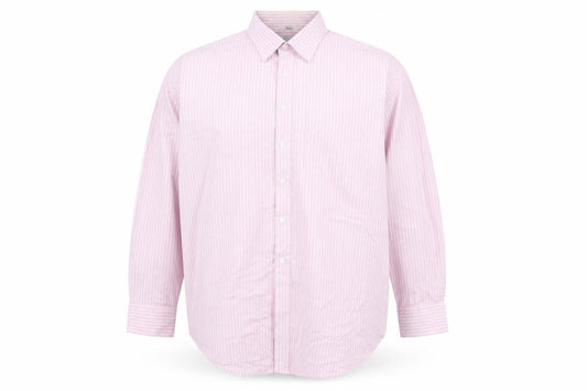 Front view of Hoofly Henry Men's Pink Striped Button-Up Shirt Size 18in Classic Fit