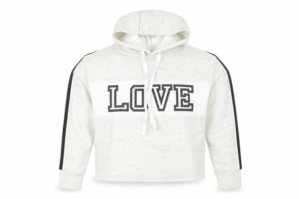 Front view of Hollis Women White Pullover Hoodie LOVE Graphic, size M