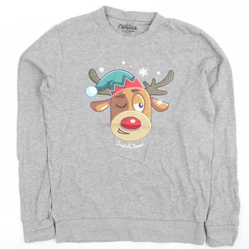 Jack & Jones Men's Grey Christmas Reindeer Graphic Sweatshirt S