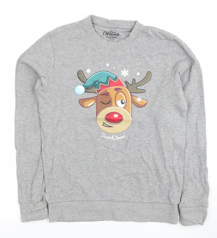 Jack & Jones Men's Grey Christmas Reindeer Graphic Sweatshirt S