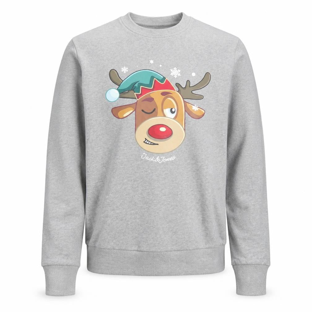 Front view of Jack & Jones Men's Grey Christmas Reindeer Graphic Sweatshirt S