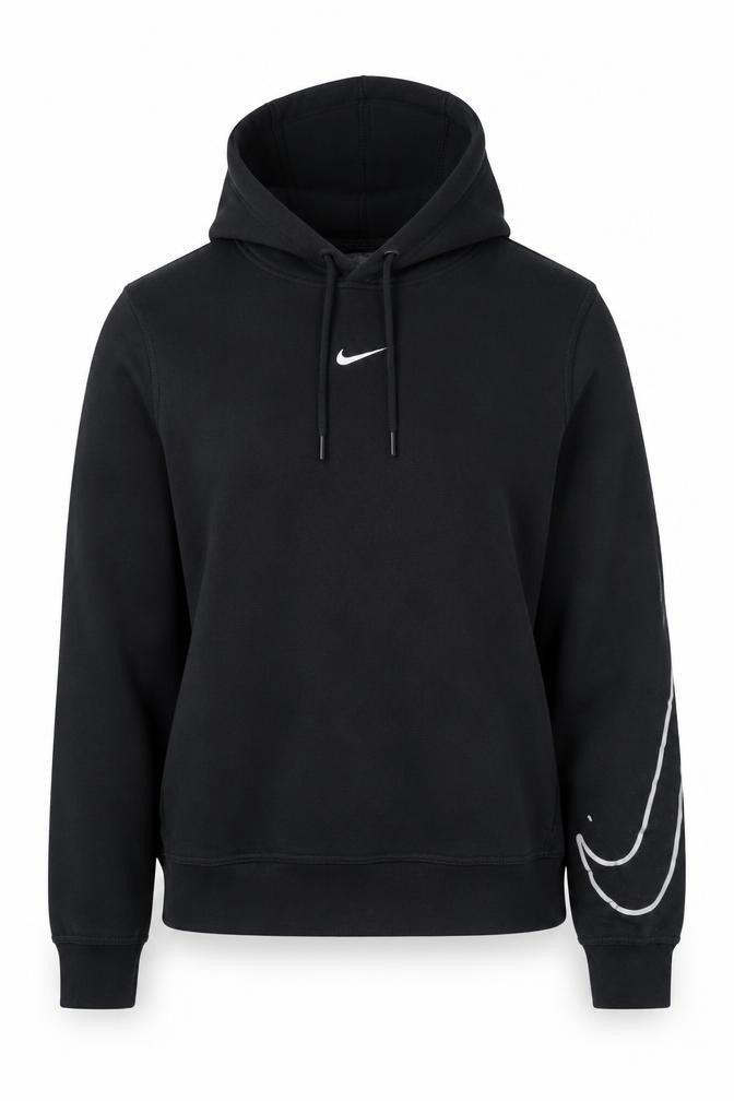 Front view of Nike women’s black small pullover hoodie with reflective logo