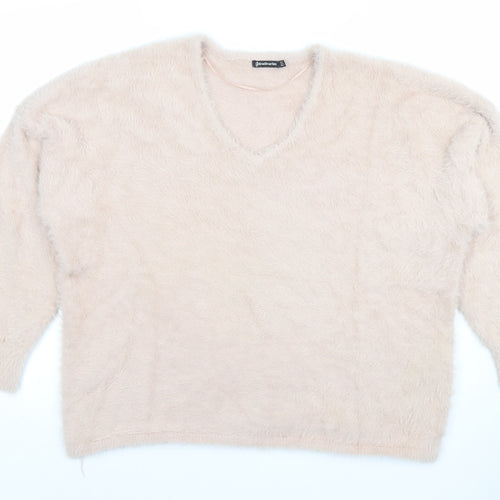 Stradivarius Women’s Beige V-Neck Fluffy Knit Jumper Size 12