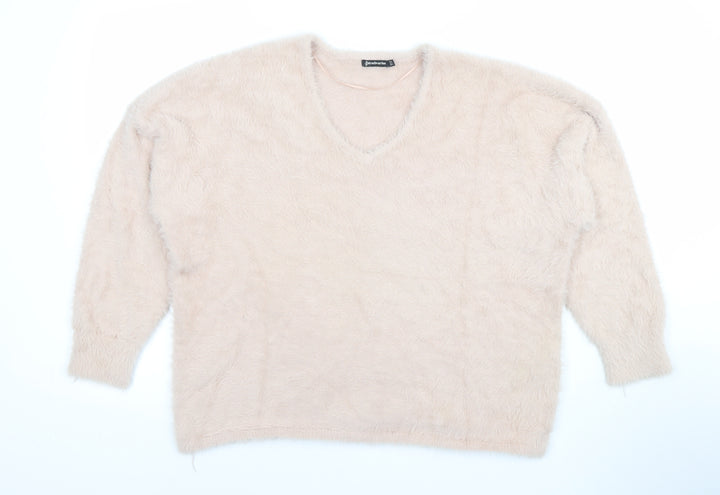 Stradivarius Women’s Beige V-Neck Fluffy Knit Jumper Size 12