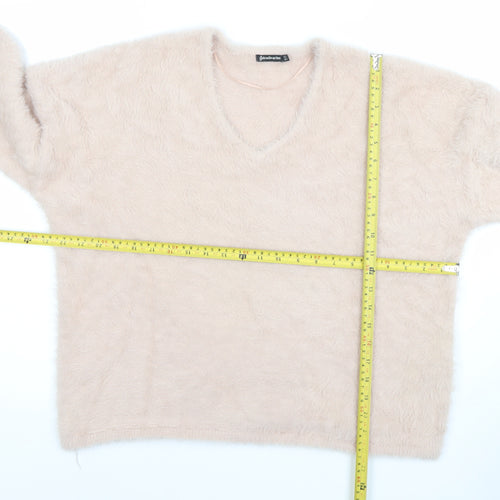 Stradivarius Women’s Beige V-Neck Fluffy Knit Jumper Size 12