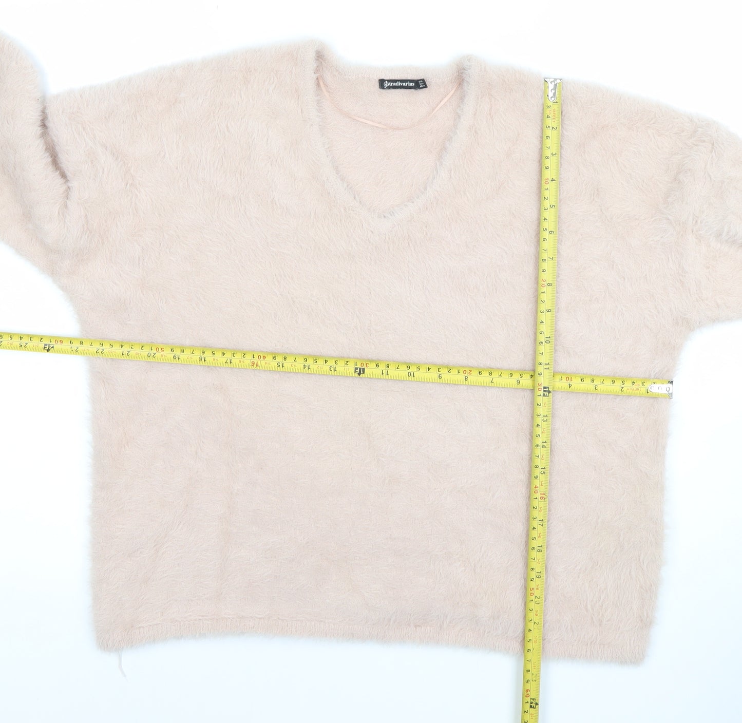 Stradivarius Women’s Beige V-Neck Fluffy Knit Jumper Size 12