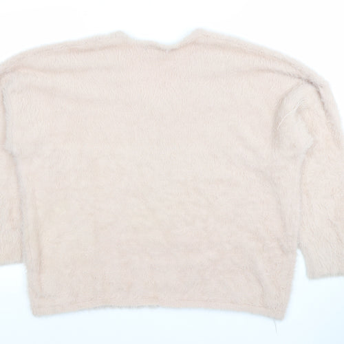 Stradivarius Women’s Beige V-Neck Fluffy Knit Jumper Size 12
